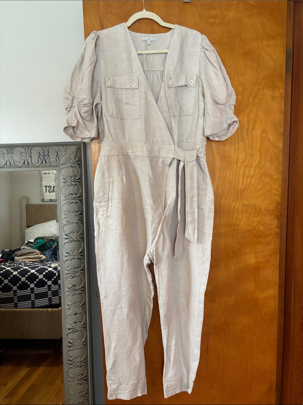 Joie Light Taupe Linen-Blend Wrap Jumpsuit